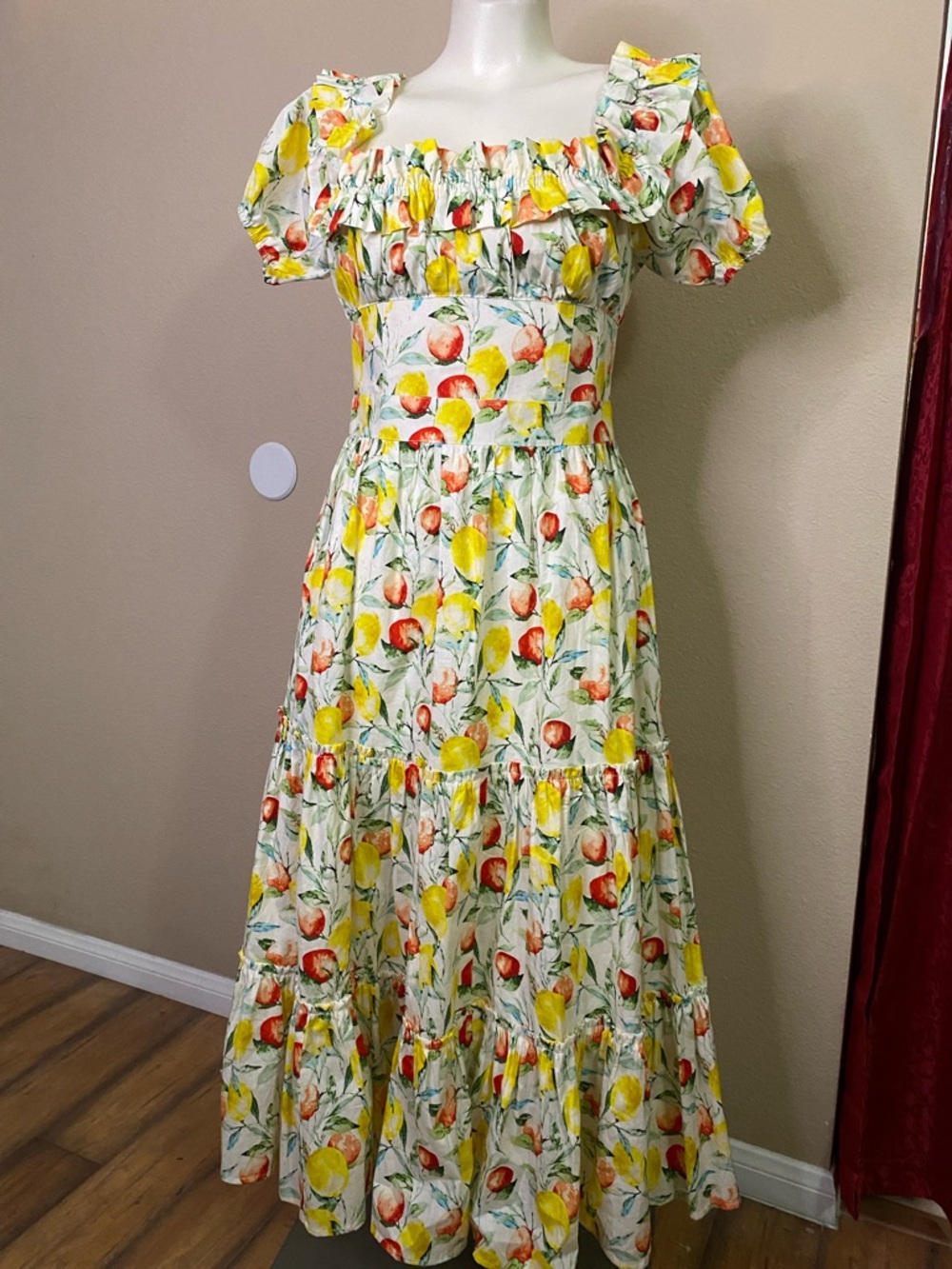 O.P.T. Cotton Yellow Red Floral Tiered Maxi peasant coquette Dress S ❤️❤️
